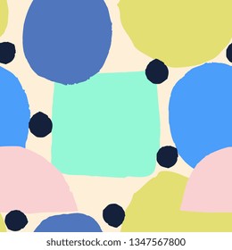 Hand painted seamless pattern with colorful shapes and black dots on cream background.