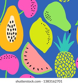 Hand painted seamless pattern with colorful fruits on blue background.