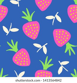 Hand painted seamless pattern with colorful strawberries and leaves on blue background.