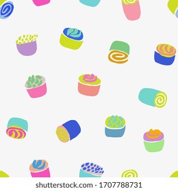 Hand painted seamless pattern with colorful cupcakes on white background. 