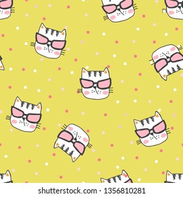 Hand painted seamless pattern with cute kittens. Watercolor bright cartoon cats on the background. Lovely texture.