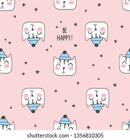 Hand painted seamless pattern with cute kittens. Watercolor bright cartoon cats on the background. Lovely texture.
