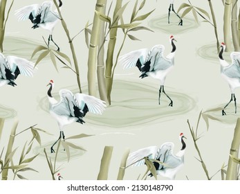 Hand painted seamless pattern japanese crane with bamboo