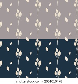 Patrón impecable pintado a mano. Deja siluetas de ramas ilustradas en blanco gris y crema. Impresión textil natural mínima moderna. Fondo de color azul oscuro o beige fácil de editar. Vector