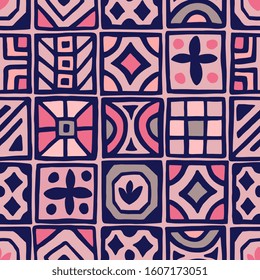 Hand painted seamless pattern with a mosaic in pink, grey and blue.