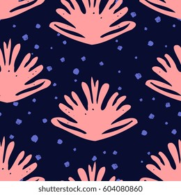 Hand painted seamless pattern in pastel pink and violet on dark blue background.