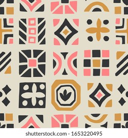 Hand painted seamless pattern with shapes in pink, ochre and black on cream background.