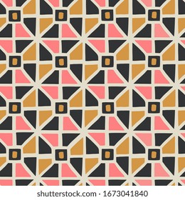 Hand painted seamless pattern with shapes in pink, ochre and black on cream background.