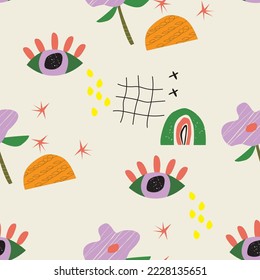 Hand painted seamless pattern with  various shapes and doodle objects in yellow background. Abstract contemporary modern fashion vector illustration.