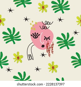 Hand painted seamless pattern with  various shapes and doodle objects in yellow background. Abstract female face expression contemporary modern fashion vector illustration.