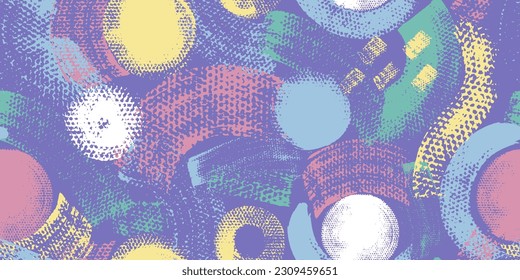 Hand painted seamless pattern with various abstract shapes, brush strokes, squares, circles, waves, color blocks. Grunge texture. Endless colorful background. Print for fabric, clothes, wallpaper.