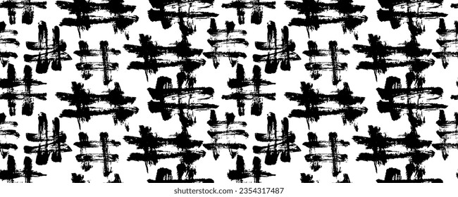 Hand painted seamless pattern with various abstract shapes, brush strokes, black squares. Grunge texture. Endless colorful background. Print for fabric, clothes, wallpaper.