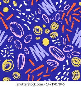 Hand painted seamless pattern with vivid marks, stains on blue background. Decorative backdrop with rough brush strokes. Cool vector illustration in contemporary art style for fabric print, wallpaper.