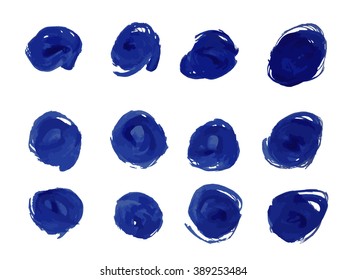 Hand painted seamless polka dot pattern. Abstract watercolor shapes in indigo blue.
