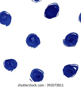 Hand painted seamless polka dot pattern. Abstract watercolor shapes in indigo blue.