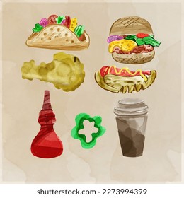 Hand painted Set of fast food doodle in watercolor style vector illustration