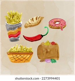 Hand painted Set of fast food doodle in watercolor style vector illustration