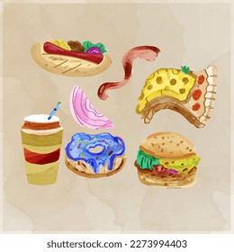 Hand painted Set of fast food doodle in watercolor style vector illustration
