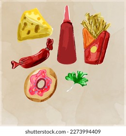Hand painted Set of fast food doodle in watercolor style vector illustration
