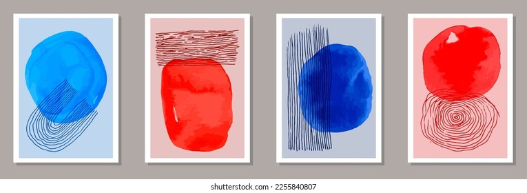 Hand painted simple canvas vector collection. Watercolor blotches patterns. 60s style prints. Youth artwork templates. Brush stroke elements.