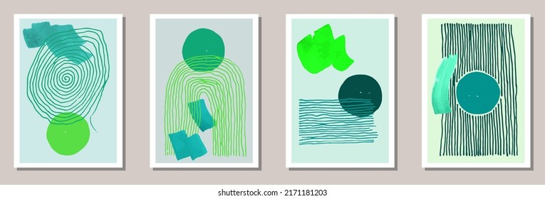 Hand painted simple postcards vector set. Watercolor smudges texture. 50s style design. Stylish office poster templates. Brush stroke elements.