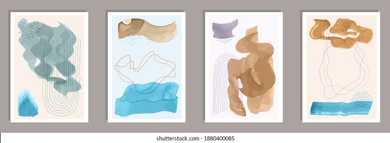 Hand painted simple posters vector collection. Watercolor stains shapes. 60s style design. Stylish artistic cover layouts. Doodle elements.