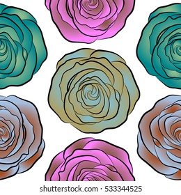 Hand painted sketch with abstract rose flowers in neutral, blue and brown colors on a white background. Floral card design. Watercolor neutral, blue and brown roses seamless pattern.