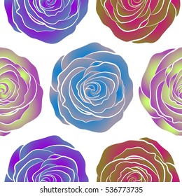 Hand painted sketch with abstract rose flowers in blue, neutral and violet colors on a white background. Floral card design. Watercolor blue, neutral and violet roses seamless pattern.