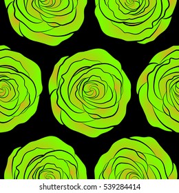 Hand painted sketch with abstract rose flowers in green and yellow colors on a black background. Floral card design. Watercolor green and yellow roses seamless pattern.