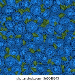 Hand painted sketch with abstract rose flowers in blue colors. Floral card design. Watercolor blue roses and green leaves seamless pattern.