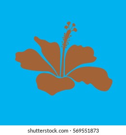 Hand painted. Sketch in brown and blue colors with tropic summertime motif may be used for design, wrapping paper, textile. Vector icon of tropical hibiscus flower, dense jungle.