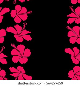 Hand painted sketch with copy space (place for your text) in magenta colors on a black background. Vertical vector tropical leaves and hibiscus flowers seamless pattern.