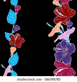 Hand painted sketch with copy space (place for your text) in red, violet and purple colors on a black background. Vertical vector tropical leaves and hibiscus flowers.