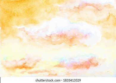 Handbemalter Himmel und Wolken, abstrakter Aquarell-Hintergrund in gelben Farben, Vektorgrafik