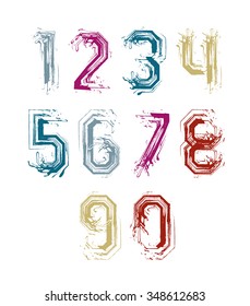 Hand painted smear digits isolated on white background, acrylic vector numerals set.