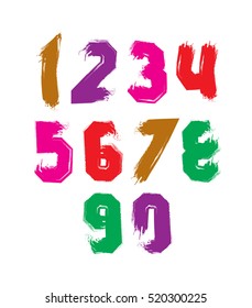 Hand painted smear digits isolated on white background, acrylic vector numerals set.