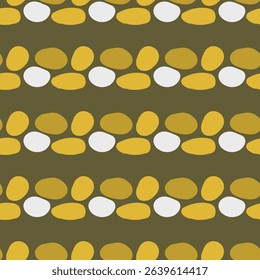 Hand painted solid shapes like stones arranged as horizontal stripes in colors of yellow, white and beige on green background. Seamless vector pattern.Great for home decor, fabric, wallpaper, giftwrap