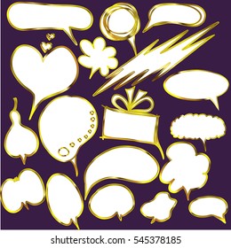 hand painted speech or thought bubbles of different shapes and sizes. Hand drawn cartoon doodle vector illustration.with golden outline