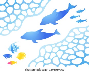 Hand painted style illustration set of water frame, dolphins, sardines, tropical fish