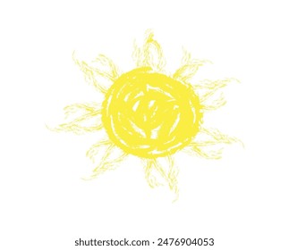 Hand painted sun symbol hand drawn with crayon. Watercolor sun, rays flat icon closeup silhouette isolated on white background.