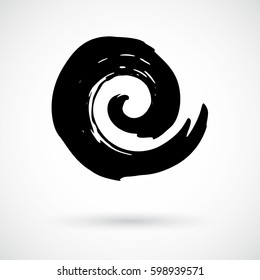 Hand painted swirl symbol. Handmade with ink brush. Graphic design element. Concentric curvy shape, swirling swash. Ornamental movement shape. Decorative art paint blob. Vector illustration.