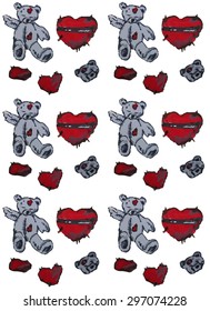 Hand painted teddy bear and hearts. Seamless background. Autotraced.