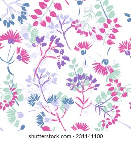 Hand painted textured floral seamless pattern.  All objects are conveniently grouped  and are easily editable.