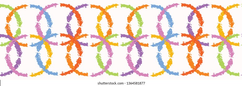 Hand painted textured interlocking circle stripes. Seamless geometric shapes border pattern. Rainbow vector illustration. Striped bright ribbon edge trim. Colorful kid home decor washi tape band.