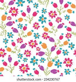 Hand painted textured  meadow flowers and berries seamless pattern. All objects are conveniently grouped  and are easily editable.