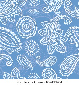Hand painted textured paisley elements vector seamless pattern. Made in fresh blue and white tones. Perfect for textile design
