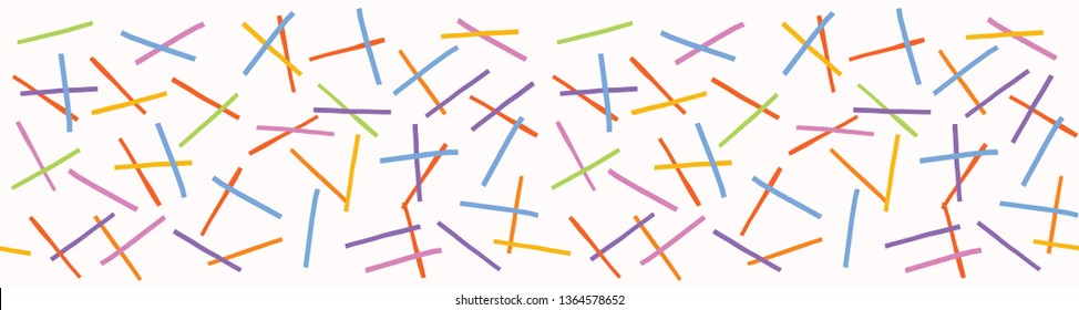 Hand painted textured pick up sticks confetti. Seamless tossed geometric shapes border pattern. Rainbow vector illustration. Bright ribbon edge trim. Colorful kid home decor washi tape band.
