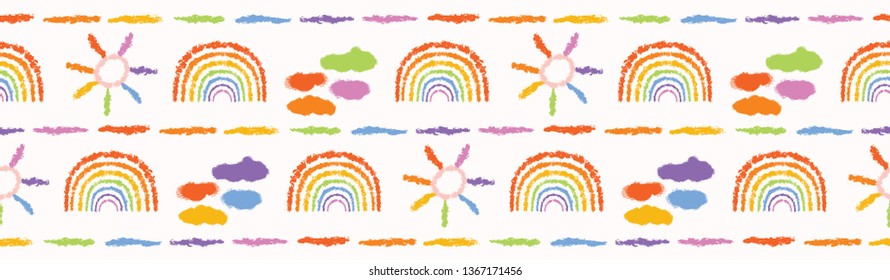 Hand Painted Textured Rainbow, Sun, Clouds. Seamless Fun Border Pattern. Rainbow Vector Illustration. Bright Ribbon Edge Trim. Colorful Gender Neutral Baby Banner. Kids Stationery Washi Tape Band.