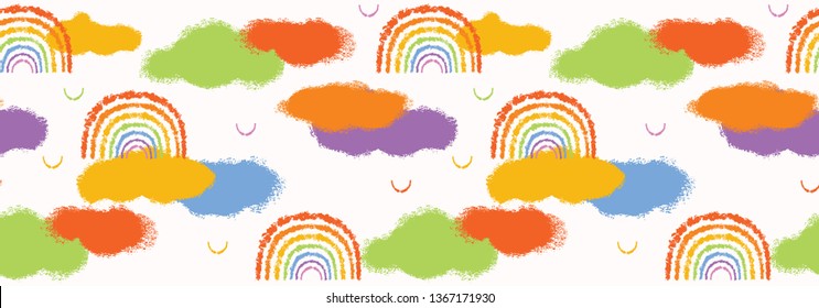 Hand painted textured rainbow, sun, clouds. Seamless fun border pattern. Rainbow vector illustration. Bright ribbon edge trim. Colorful gender neutral baby banner. Kids stationery washi tape band.
