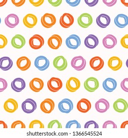 Hand painted textured ring circle. Seamless geometric shapes repeat pattern. Rainbow vector illustration. Bright scrapbooking paper, all over print. Colorful gender neutral baby kid decor wallpaper.